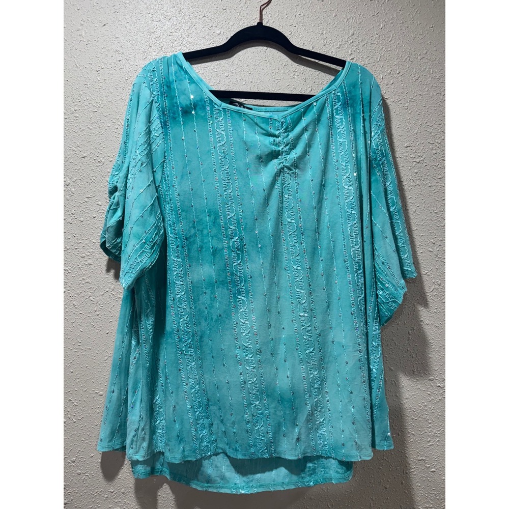 Sami & Jo Plus Womens 3X Teal Tie Dye Sequin Embroidered Short Sleeve Blouse